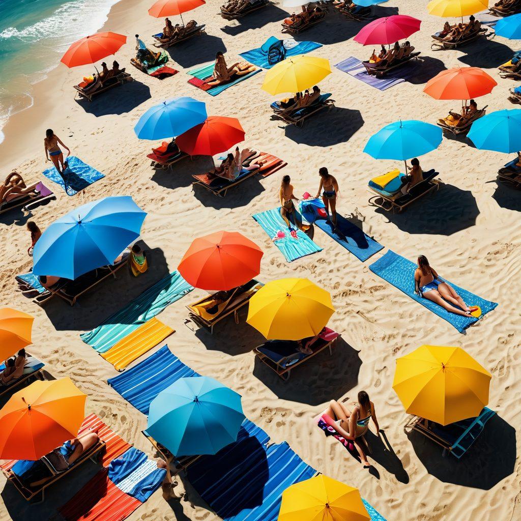 A vibrant beach scene showcasing a diverse group of individuals enjoying various beach activities, from sunbathing on colorful towels to surfing on dynamic waves. Include different swimwear styles like bikinis, one-pieces, and board shorts, with people of various body types and ethnicities to reflect inclusivity. The sun shines brightly, casting playful shadows, and beach accessories like umbrellas and surfboards are scattered around. Capture the essence of a lively summer day at the beach. super-realistic. vibrant colors. 3D.
